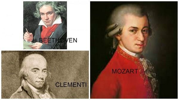 pianistas Mozart, Beethoven y Clementi